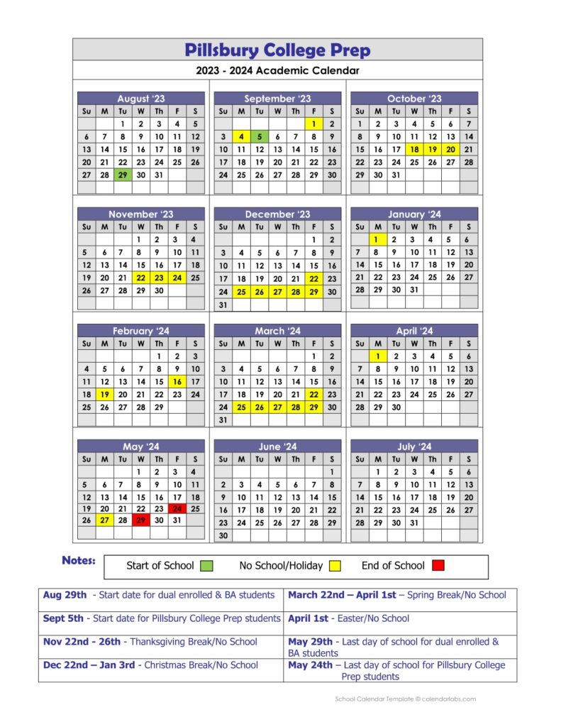 Academic Calendars Pillsbury College Prep 2022-2023